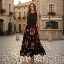 Jones New York Woman 14W Silk Floral Maxi Skirt Black Pink Blue Boho Cottagecore