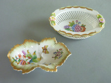 Herend Basket Weave Dish & Queen Victoria Dish - Leaf Shape Flowers Butterflies