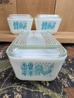 VTG Pyrex Turquoise Amish Butterprint Refrigerator Dishes with lids 6 Pc