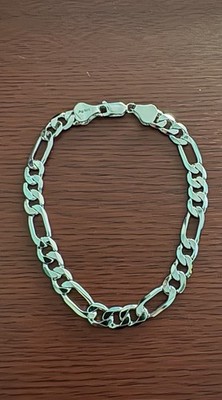 925 Sterling Silver Figaro Cuban Link Bracelet   9    7mm   15g   Rhodium Finish