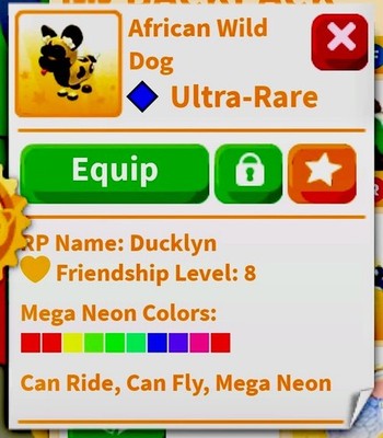 Adopt Me! African Wild Dog Ultra-Rare Mega Neon Can Ride Can Fly