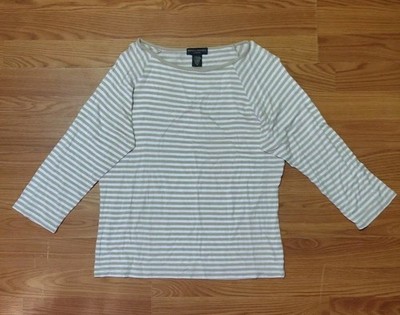 Y2K Banana Republic Women's 3/4 Sleeve Striped Basic Shirt Size XL Tan/White