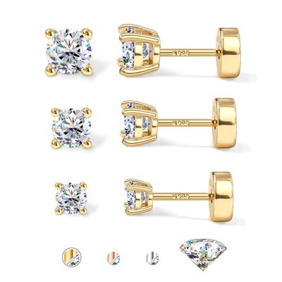 3 Pairs Moissanite Earrings Studs 14K Gold Plated S925 Sterling Silver Flat B...