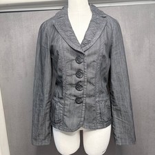 Dressbarn Blazer Women S Grey Denim Ruffle Trim Lapel Button Up Cinched Back Y2K