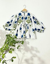 Women's Blue Floral Boho Blouse Balloon Top Sleeves Loose Fit Tunic Smock Top