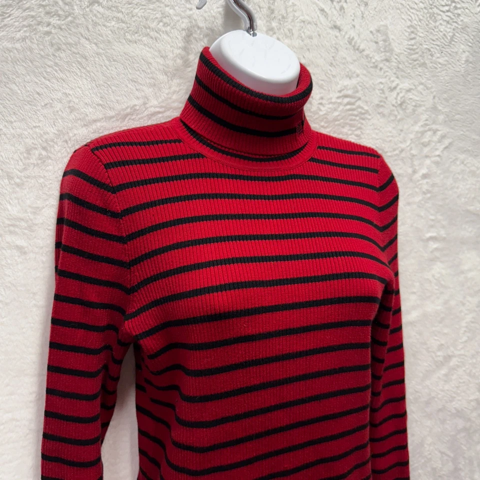 Top de cuello alto Lauren Ralph Lauren para mujer mediano rojo a rayas tejido algodón logotipo Foto 2 de 4
