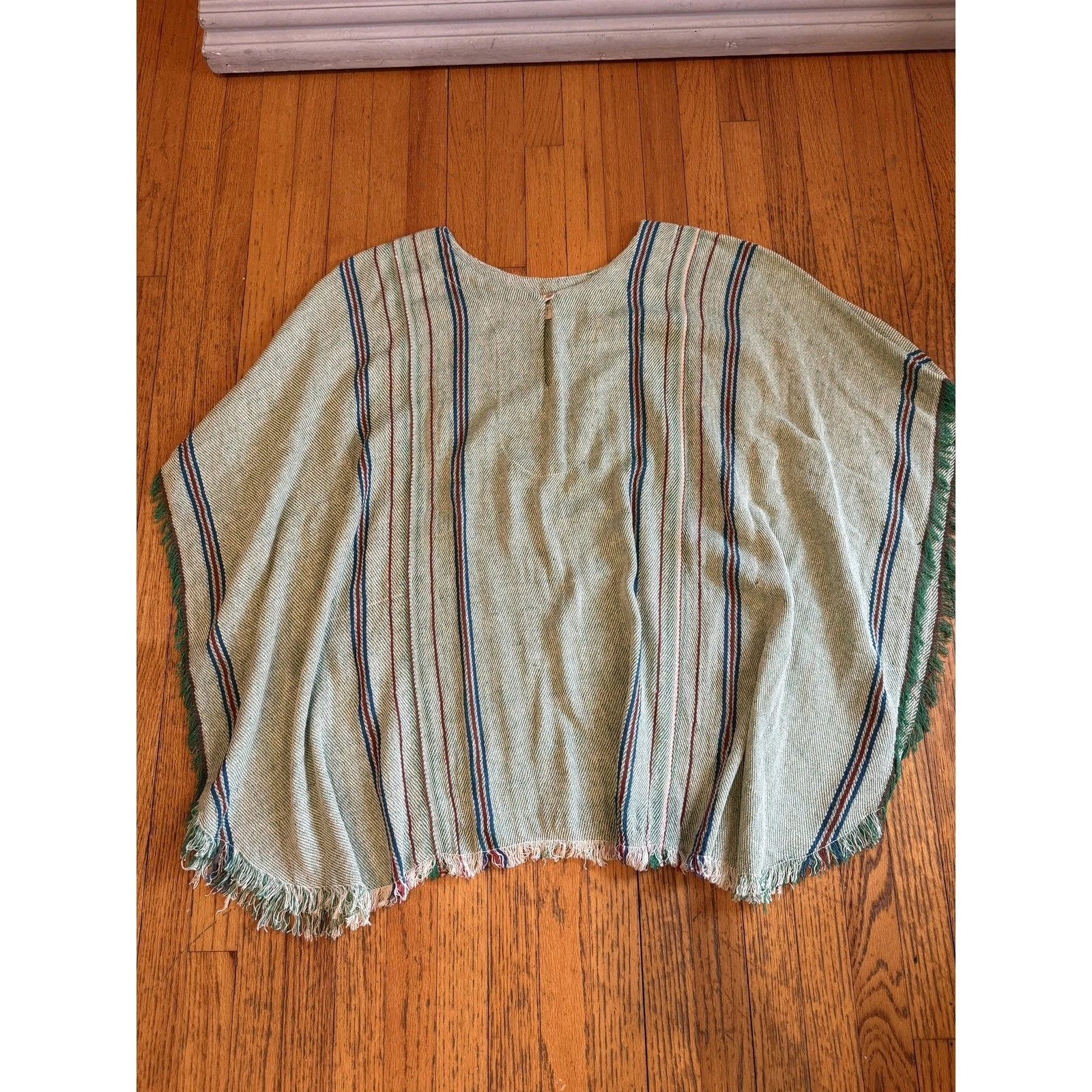 Jen's Pirate Booty Poncho Womens One Size Green Stripe Fringe Boho Serape Ruana