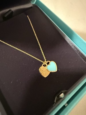 Tiffany Co 18K Gold RTT Double Blue Enamel Heart Chain Necklace 16