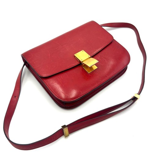 CELINE Classic Box Medium Shoulder Bag Red Leather Gold Hardware Women Auth