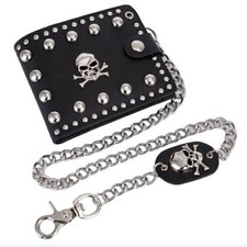 Vintage Style Leather Black Studded Skull Chain Wallet for Men -O