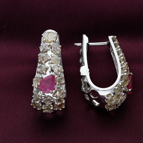 5.83 Ct Rose Cut Diamond Ruby Hoop Earrings Antique Handmade Jewelry - Picture 3 of 9
