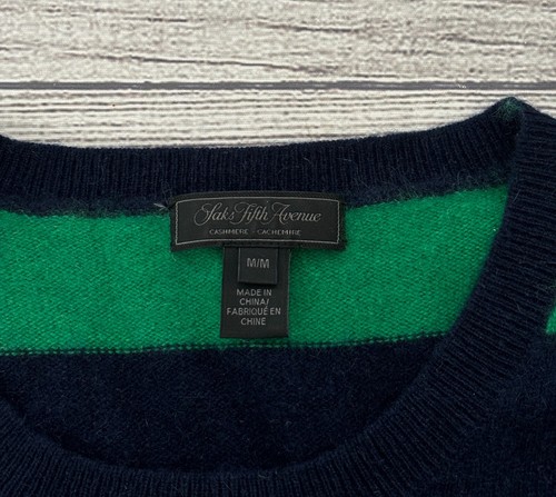 SAKS FIFTH AVENUE 100% CASHMERE Womens Medium Pink Navy Green Stripe L/S Sweater - Picture 7 of 7