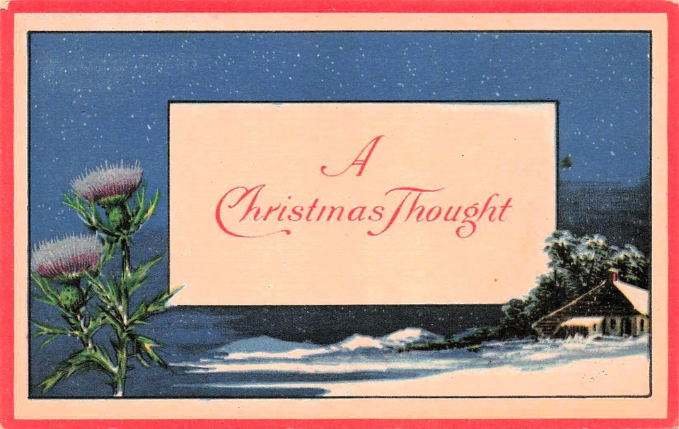 An antique Christmas postcard with genuinely eerie, dark botanical imagery — the Victorian holiday aesthetic that feels more Halloween than holiday.
