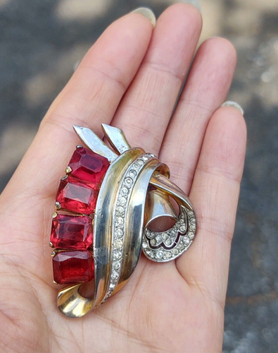 Vintage Mazer Clear Ruby Rhinestone Gold Tone Pin Brooch Fur Clip Read! - Foto 5 di 7