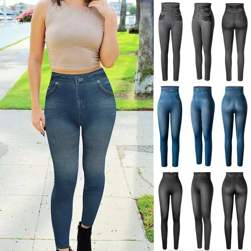 Women Faux Jean Pants Perfect Fit Denim Leggings Plus Chic Jeggings Elastic  US