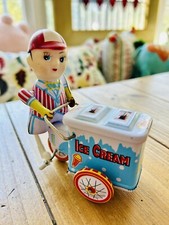 Vintage - Retro Tin Litho Wind-Up Ice Cream Bicycle Man- Runs Great