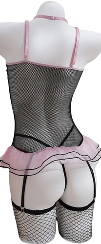 Sexy Black & Pink Fishnet Lingerie Set*Ruffled Skirt*Sissy*Femboy*Cosplay*NIP - Picture 2 of 5