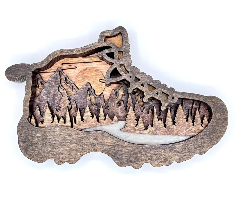 Bota de Senderismo Madera Multicapa, Decoración de Senderismo, Regalo para Senderista, Decoración de Montaña Foto 3 de 4