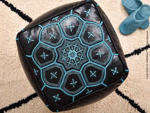 Moroccan Handmade Genuine Leather Boho Pouf Ottoman Footstool Pouffe Black - 第 5/10 張圖片