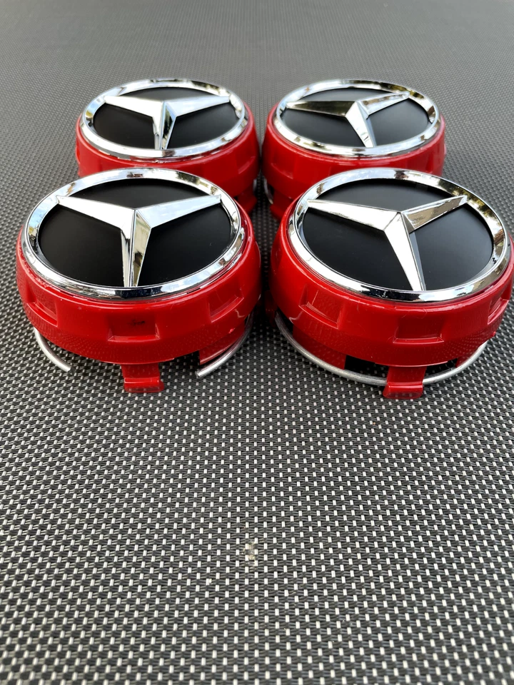 MERCEDES BENZ SET OF 4 BLACK - RED OUTLINED 75 mm/2.95in Wheel Center Caps - Image 3 of 4
