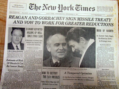 1987 NY Times newspaper US & RUSSIA sign INTERMEDIATE NUCLEAR CONTROL TREATY