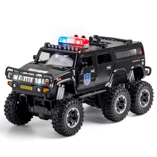 For Hummer H2 Sound&Light Police Car Pull Back Model Doors Openable Vehicle 1/32