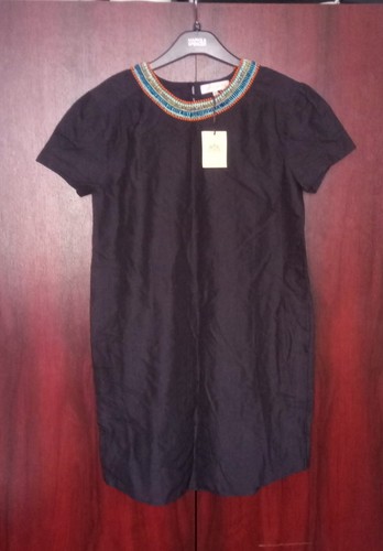 Uzma Bozai Blue Beaded Round Neck Short Sleeve Cotton Silk Blend Shift Dress 8 - Picture 2 of 10