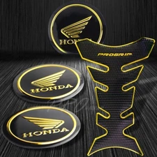 Pro Black+Chrome Gold Fuel Tank Grip Pad+2.125"Honda Logo Fairing Emblem Sticker