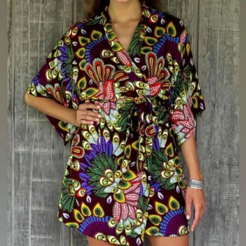 Bata de rayón floral multicolor Novica en palo de rosa de Indonesia talla S M pavo real Foto 2 de 4