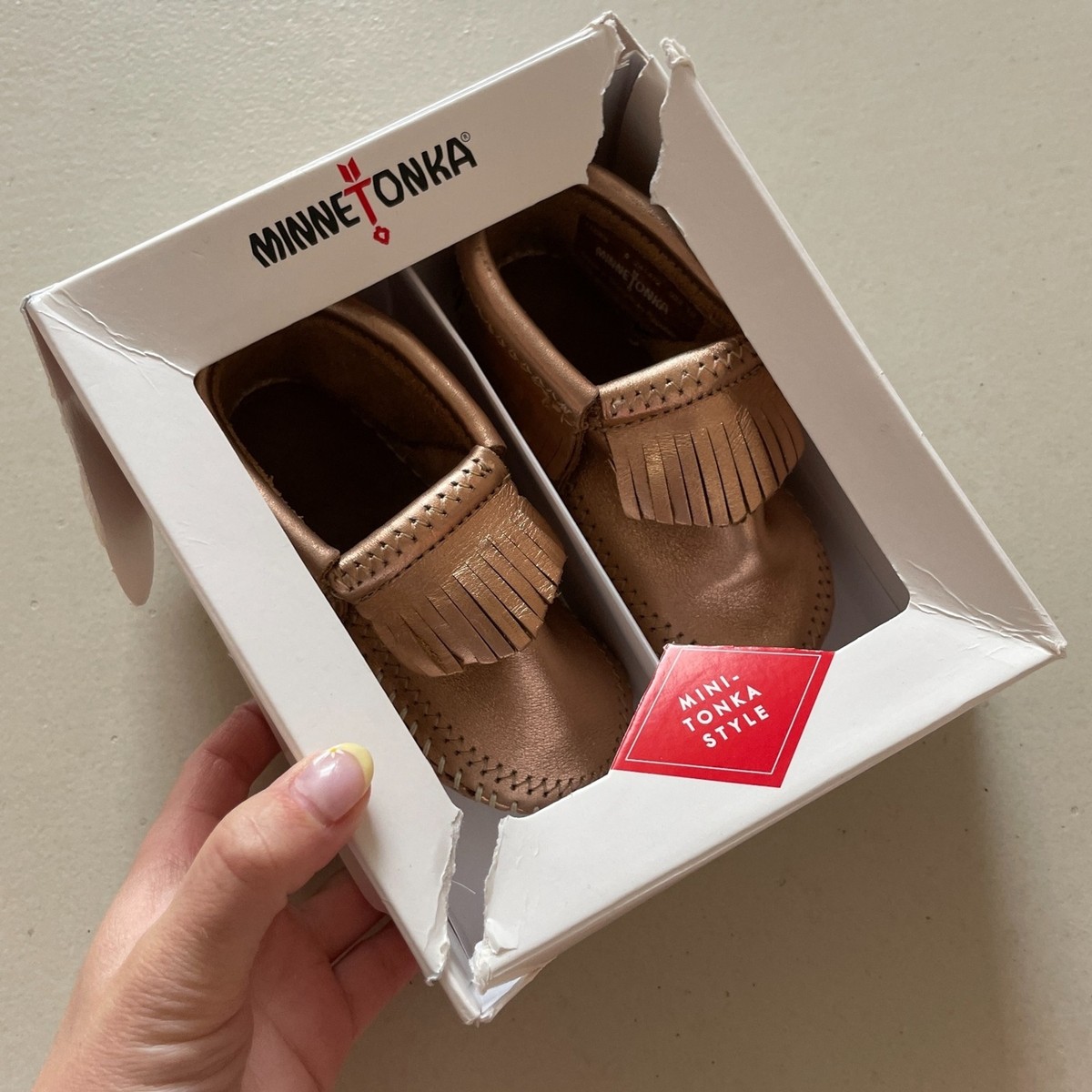 minnetonka baby moccasins rose gold