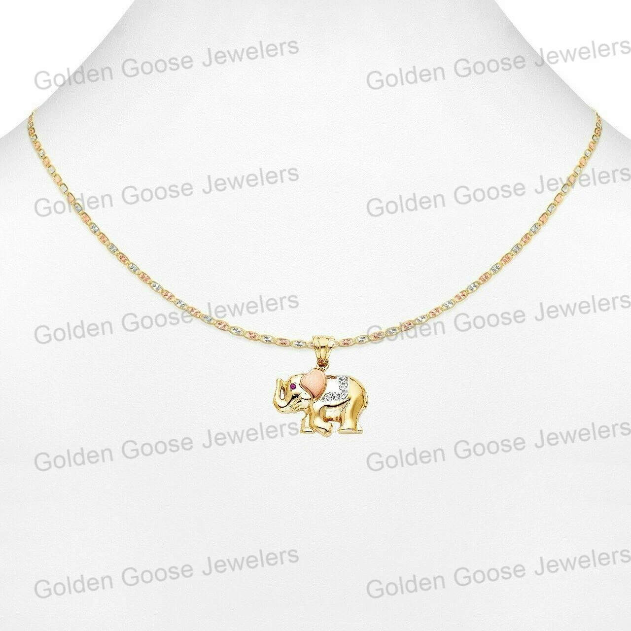 Ciondolo elefante zirconi unisex oro tricolore vero 14 kt catena Valentino