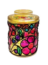 Candy Jar Painted Colorful Glass Floral Pattern Jar with Yellow Lid Handmade 