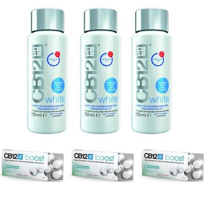 CB12 white Spüllösung 3x250ml u. boost Kaugummi Eukalyptus 3x10St bei Mundgeruch