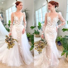 Sexy Mermaid Wedding Dresses O-Neck Detachable Train Lace Appliques Bride Gowns