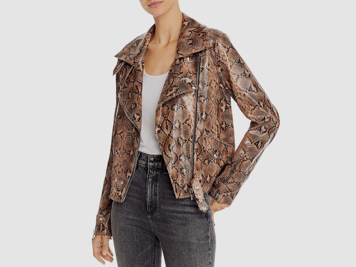 286 BlankNYC Womens Brown Snakeskin Print Faux Leather Moto Jacket Coat Size XS