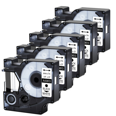 5 PK for Dymo 43613 D1 Label Print Tape 1/4'' Black on White LabelManager LM 6mm