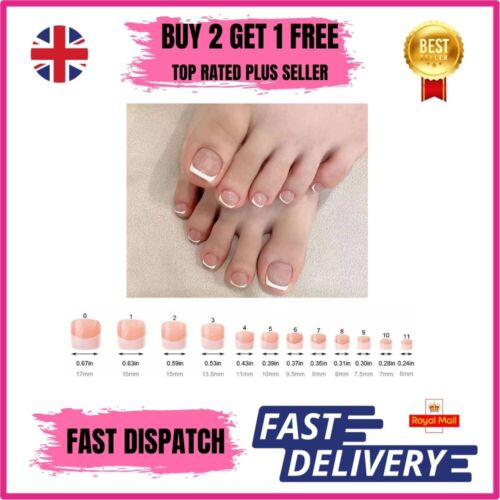 24x False Toenails French Manicure Press On Full Cover Toe Nails + Adhesive Tabs - Picture 1 of 10