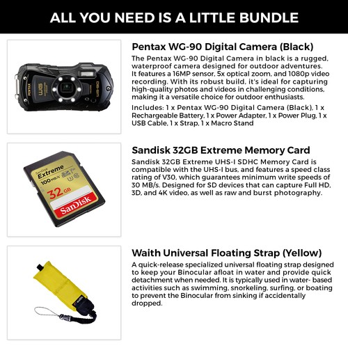 Pentax WG-90 Waterproof Digital Camera (Black) +32GB Extreme SD +Strap (Bundle) - Picture 2 of 6