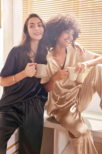 Satin Pajama Set Womens Silk Short Sleeve V Neck Shirt with Long X-Large Khaki - Picture 6 of 7