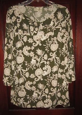 Chico's 3 XL Stretch Tunic Top Shirt Blouse Floral Print Green Twisted Keyhole