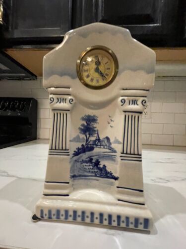 West Germany Porcelain Wind Up Clock M.W Mercedes Delft Motif Belgian Blue 417 - Picture 3 of 24