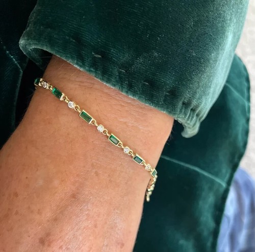 6.55 Ct Emerald Simulated Emerald Fancy Tennis Bracelet 14K Yellow Gold Plated - Picture 5 of 6