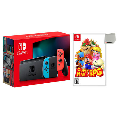 Nintendo Switch with Neon Blue Red Joy‑Cons with Super Mario RPG