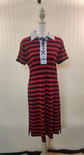 Chaps RL Women's Red Black Stripe Polo Dress Size L Tie Collar 100% Cotton