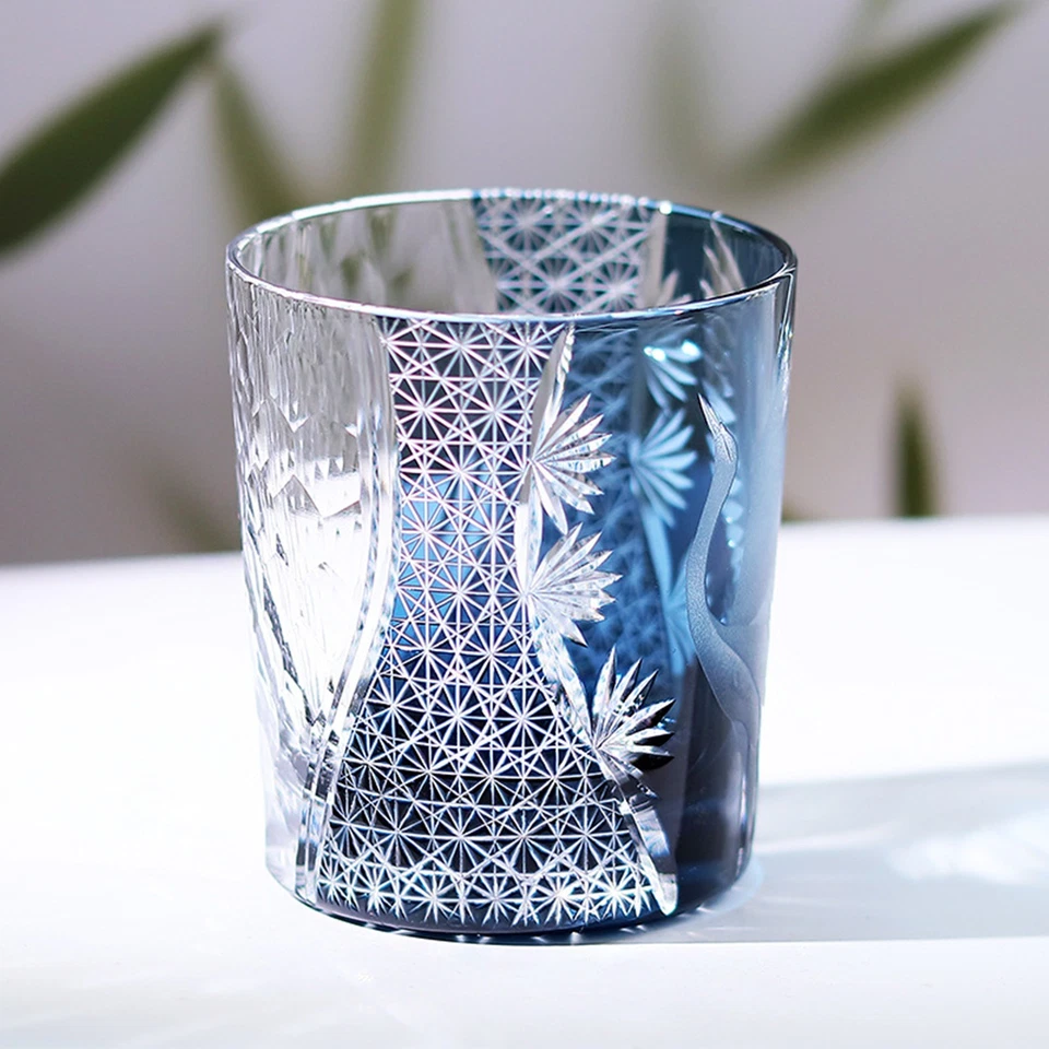 Japanese Style Edo Kiriko Glass Whisky Glass Tumbler Hand Cut To Clear Blue 9oz - Image 2 of 4