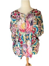 Johnny Was Silk Shirt Large Mixed Print Colorful Floral Rare Top Blouse Flowy