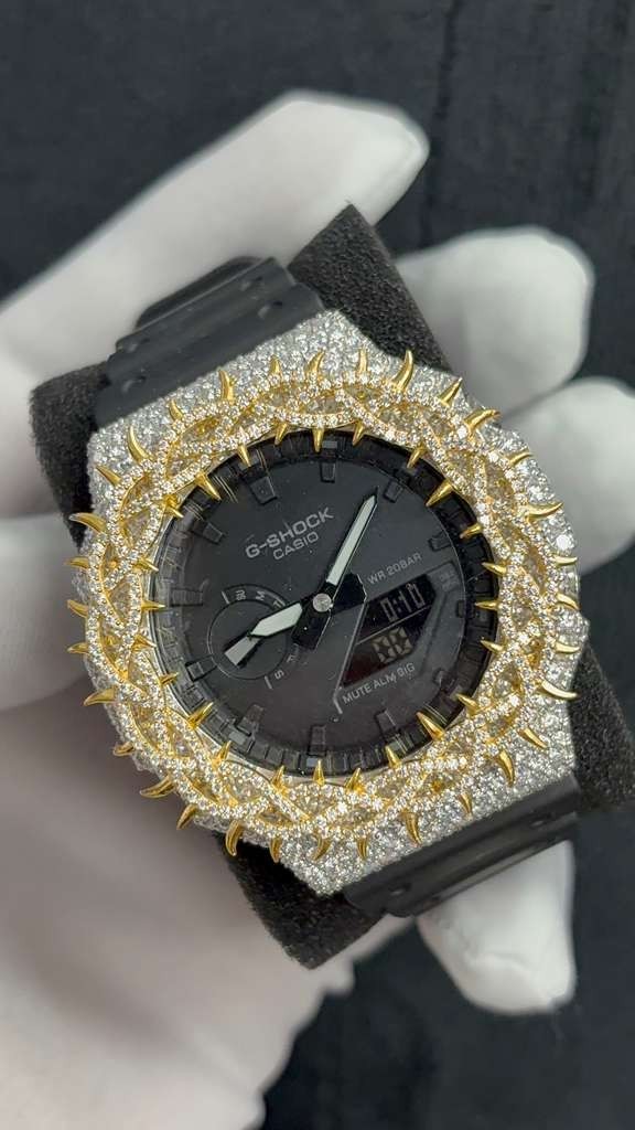 Custom Moissanite G-Shock GA-2100 Watch White/Yellow tone Thorn