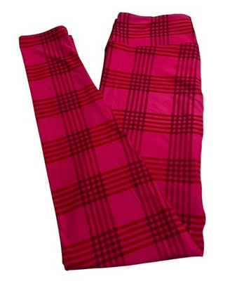 LuLaRoe Leggings OS One Size VALENTINE PLAID PINK Colorful Stripe Stretch Waist