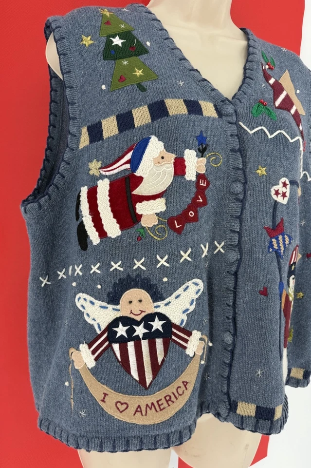 VTG Segue Christmas Sweater Vest Wn XL Holiday Knit USA Patriotic Flag PartyUgly - Image 2 of 4