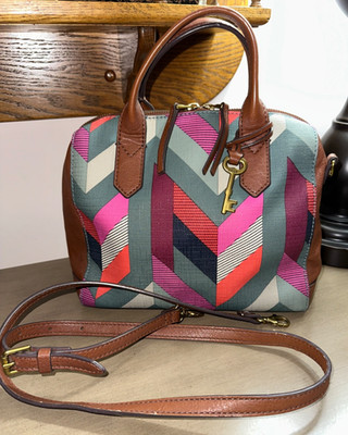 FOSSIL Fiona Multicolor Chevron satchel crossbody bag purse EUC